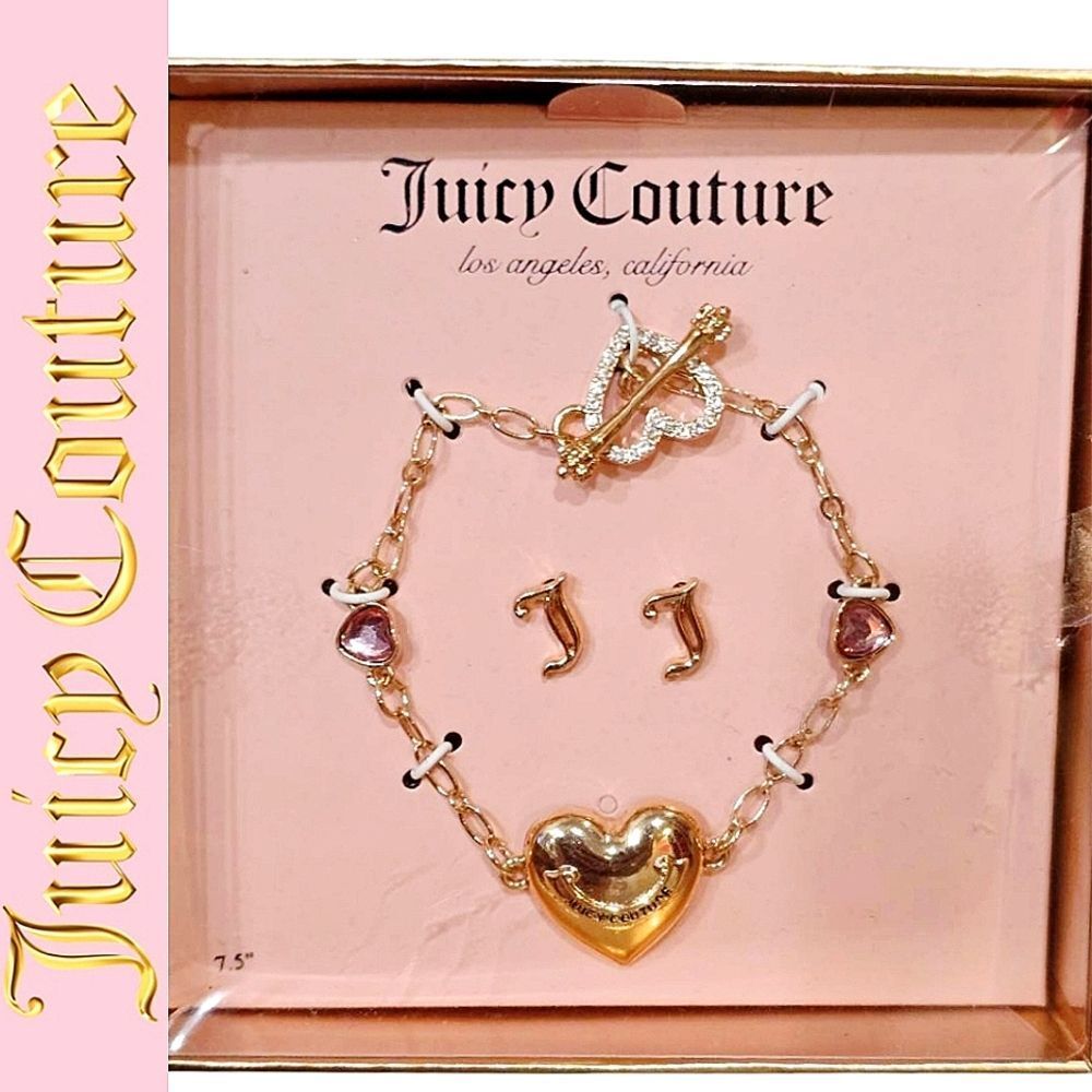 Juicy Couture Logo Heart Locket Bracelet & J Stud Earring Set